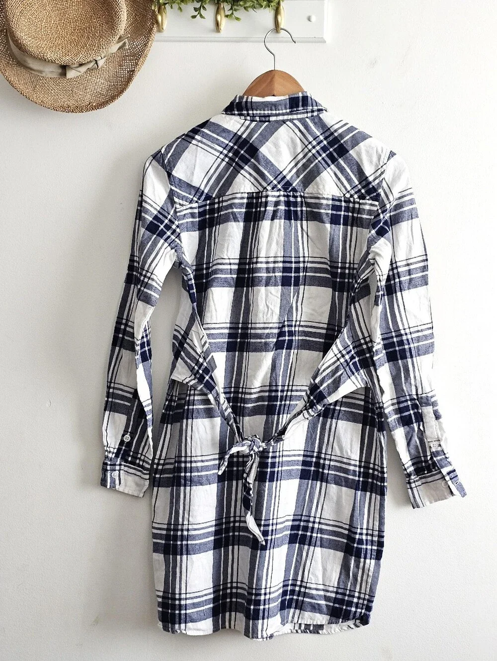J.Crew Mercantile Cotton Flannel Plaid Tie Back Shirt Dress Navy White S